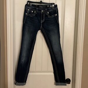 Miss Me Dark Blue MidRise skinny Jeans 25 with embellished and distressing